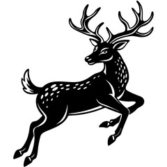 Obraz premium A sleek black and white vector illustration of a graceful deer with large antlers standing in mid-stride pose