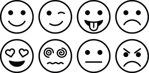 Set of eight different emotion face icons with various expressions, tongue out © Pixel Go