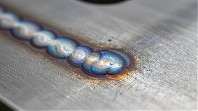 Expertly welded stainless steel tube with vibrant rainbow oxide patterns along the seam.