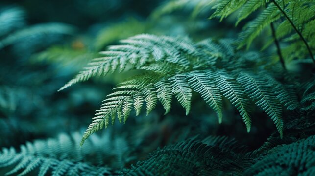 Green fern leaves spread wide in a forest, close up.
