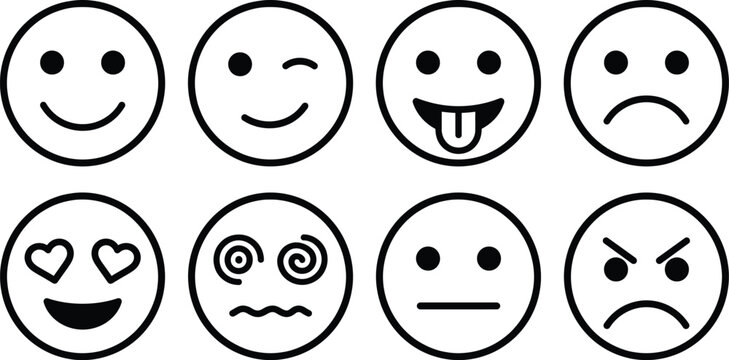 Set of eight different emotion face icons with various expressions, tongue out