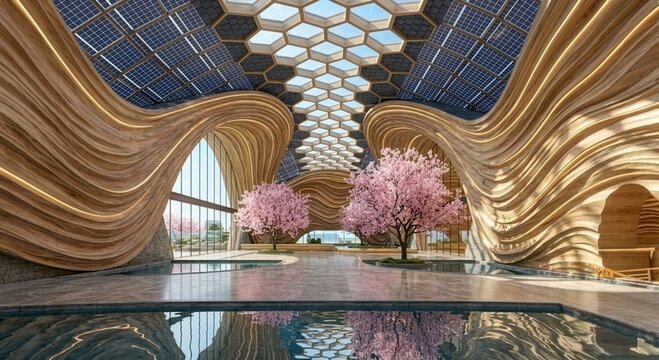 AI-generated　太陽光パネルを配したハニカム天井と桜が美しい、無人の和モダンアトリウム、静寂な波型の木壁とラグジュアリーな室内庭園