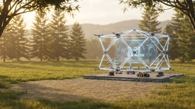 Futuristic geometric structure with glowing blue energy in a forest clearing futuristic geometric