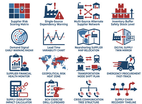 Supply chain resilience and business continuity planning icons for supply chain apps, risk management platforms, procurement dashboards, and enterprise operations UI design tools.