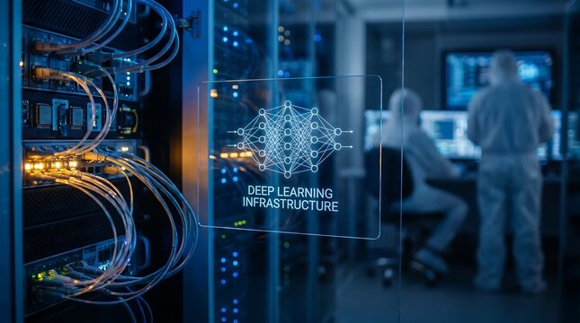 Close-up of server rack with fiber optic cables and blurred it technicians in background, technology
