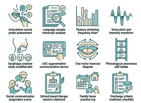 Speech-language pathology clinical assessment and treatment icons for SLP apps, therapy management platforms, speech therapy dashboards, and clinical SLP practice UI design tools.