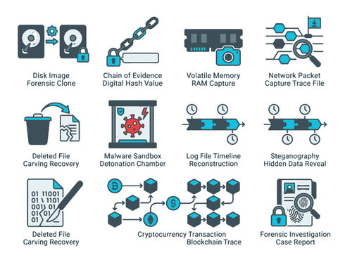 Digital forensics and cybercrime investigation procedure icons for forensic tech apps, cyber investigation platforms, incident response dashboards, and digital forensics UI design tools.