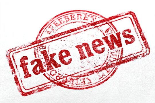 Red rubber stamp impression with the words "fake news" across it