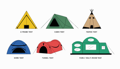 Six illustrated camping tents are shown, each with distinct shapes and colors: yellow A-frame tent, green cabin tent, beige teepee tent, blue dome tent, red tunnel tent, and green family multi-room. © Phaimanee