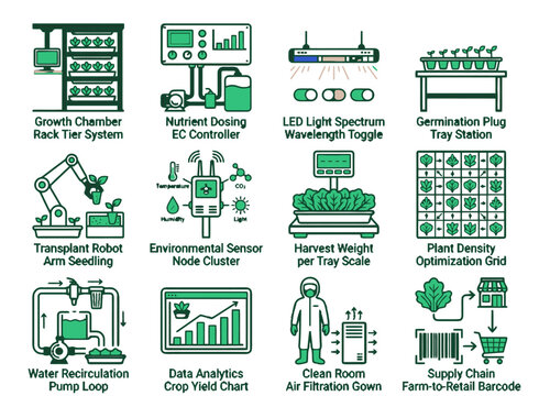 Indoor vertical farming and plant factory operations icons for agritech apps, vertical farm management platforms, controlled environment dashboards, and smart farming UI design.