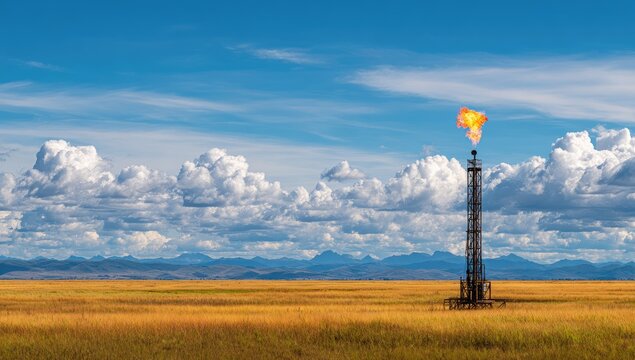 Towering flare stack burns gas against a dramatic sky with distant mountains