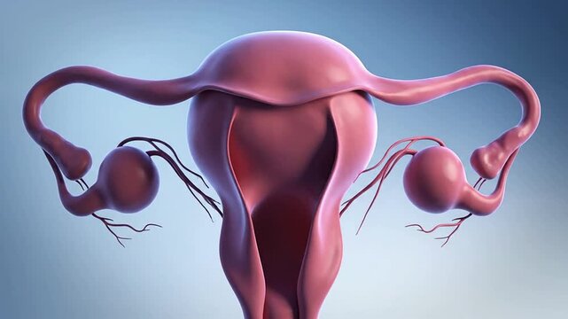 High-Quality CGI Animation of the Female Reproductive System Featuring Uterus, Ovaries and Fallopian Tubes on a Smooth Blue Gradient Background