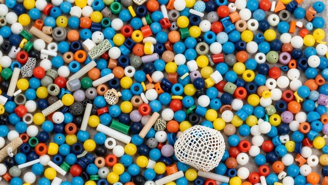 Close-up of diverse plastic beads and fragments representing microplastic pollution in an urban environment.