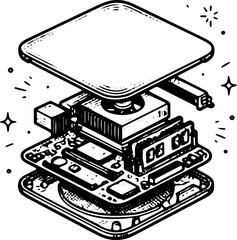 Naklejka premium Exploded View Mini PC Hardware Layers Black and White Vector Illustration