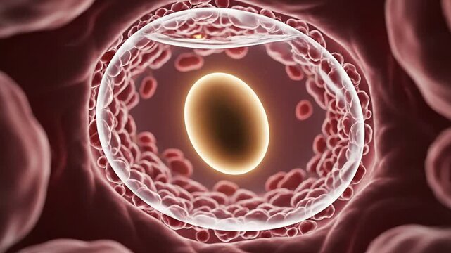 High-Quality CGI Depiction of Egg Cell Surrounded by Blood Cells in a Medical and Biological Context