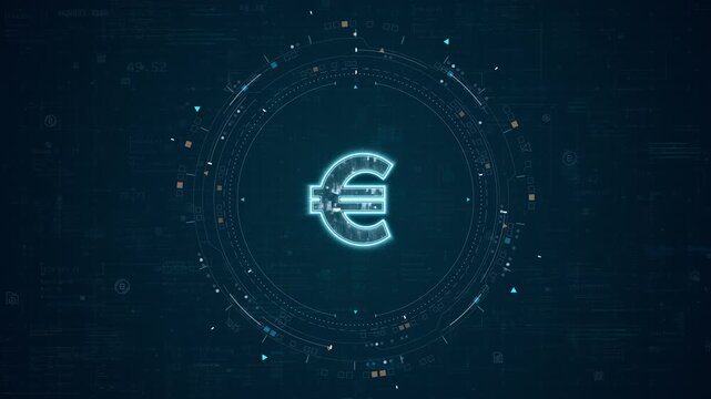 Motion graphic of euro symbol and digital finance interface with glowing circular data elements, designed for fintech background and business presentation use.