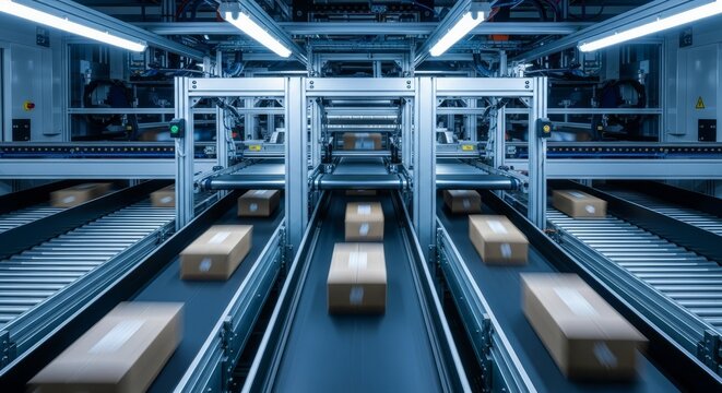 Automated conveyor system efficiently sorting cardboard boxes in a modern industrial logistics facility