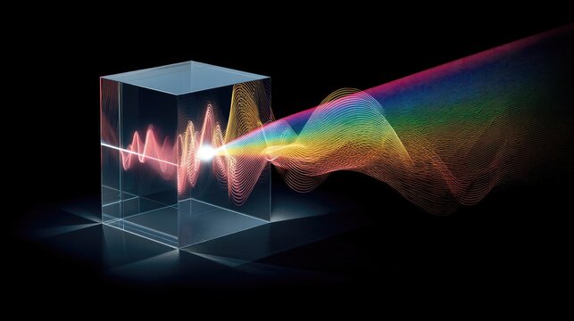 A light beam is refracted by a prism, creating a rainbow spectrum