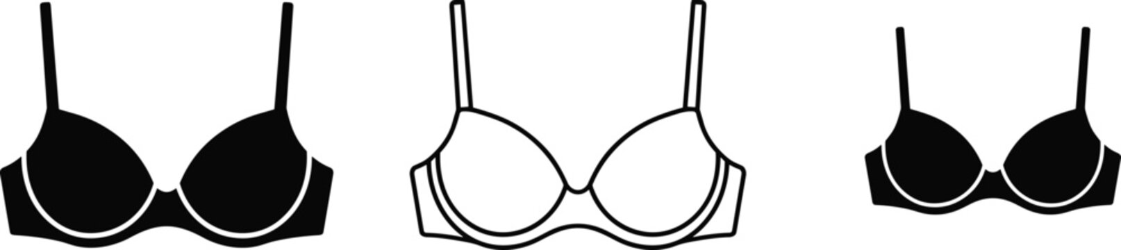 Set of professional bra vector icons featuring solid and outline brassiere silhouettes for women's lingerie fashion design and retail branding