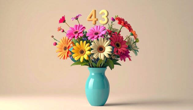 Vibrant Flower Bouquet with Number 43 for Birthday or Anniversary Celebration