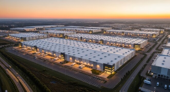 Sprawling modern warehouse complex illuminated at sunset, an aerial view showcasing industrial logistics and distribution facilities.