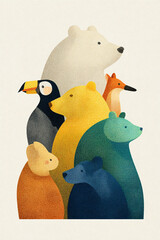Naklejka premium Colorful animal friends illustrated in minimal style, featuring bear, fox, toucan, and other wildlife. This artwork evokes sense of joy and connection with nature