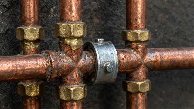 Close-up of old copper pipes and brass fittings on a textured wall.