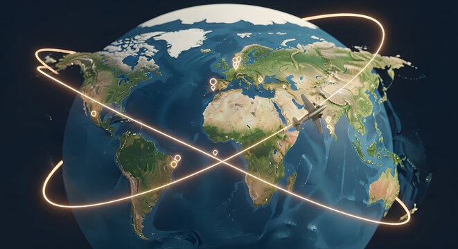 Global air travel routes with airplane and glowing lines on Earth map
