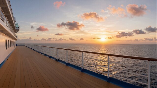 Panoramic view of a luxurious cruise ship deck overlooking the ocean during a stunning sunset, with warm golden light reflecting on the water and soft focus sky.