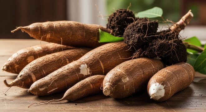 Freshly Harvested Cassava Roots on Wooden Surface.