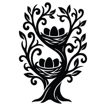  Black and White victor style illustration Silhouette Tree with Two Bird Nests and Eggs