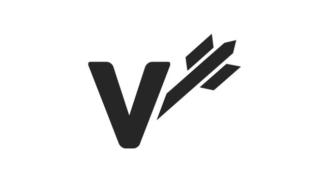 Modern abstract V letter logo icon with dynamic rocket or arrow symbol, black and white vector graphic design illustration, corporate identity concept