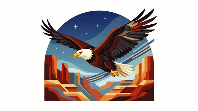 American eagle soars over desert landscape with canyon formations at dusk