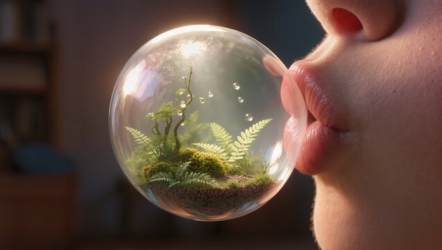 Close-up of a Glass Sphere Containing a Tiny Lush Green Forest Ecosystem