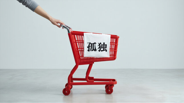 Shopping Cart Carrying Loneliness Concept Consumerism and Emotional Isolation