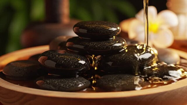 Hot stone massage therapy with oil being poured onto stacked smooth dark volcanic rocks, spa relaxation and wellness, serene atmosphere, tropical flower backdrop