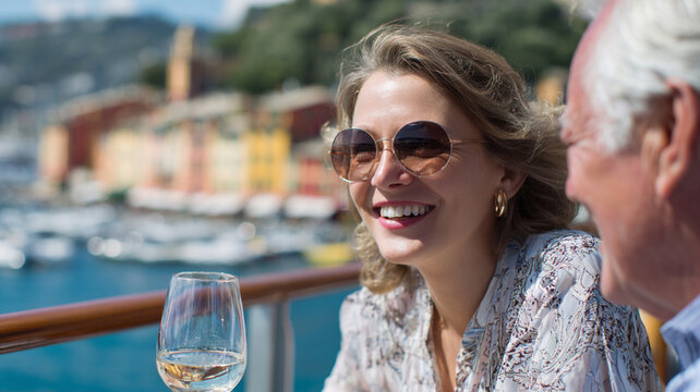 Joyful woman enjoys sunny day by water, wearing sunglasses and smiling while seated at table with glass of wine. vibrant backdrop features colorful buildings and boats, creating lively