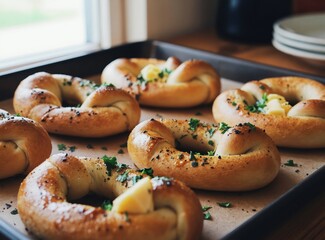 Naklejka premium Golden baked garlic knots topped with fresh parsley and melted butter sit on baking paper. These delicious italian pastries are ready for serving.