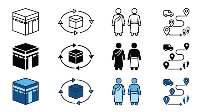 Set of hajj and umrah icons, including kaaba, tawaf, ihram clothing, and pilgrimage journey route, vector illustration
