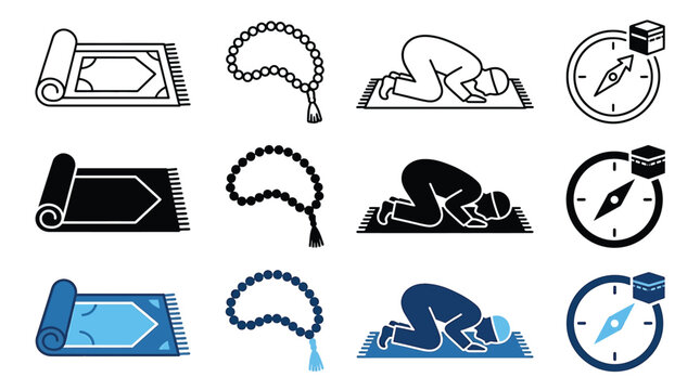 Set of islamic prayer icons, including prayer mat, prayer beads, person praying, and qibla compass pointing towards kaaba, vector illustration