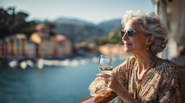 Beautiful older lady enjoys glass of wine while gazing scenic waterfront view. Her stylish attire and sunglasses complement vibrant colors of buildings and boats background, creating joyful