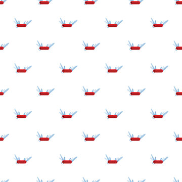 Seamless repeating pattern featuring red pocket multi tool knives on a white background