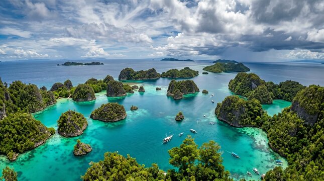 Aerial View Raja Ampat Islands Turquoise Water Green Jungle Dramatic Sky Indonesia