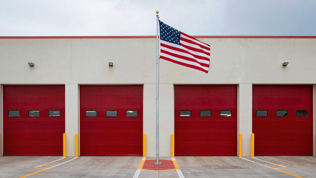 American flag flying outside fire station with red garage doors and white walls, patriotic public service building exterior architecture, symmetric symbol of US emergency response