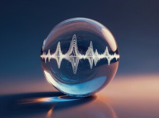 Abstract sphere shows sound wave pattern. Digital data flow visualization inside glass ball. Futuristic network graphic with particles, light.