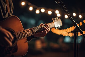 Obraz premium Person playing guitar with bokeh lights at night