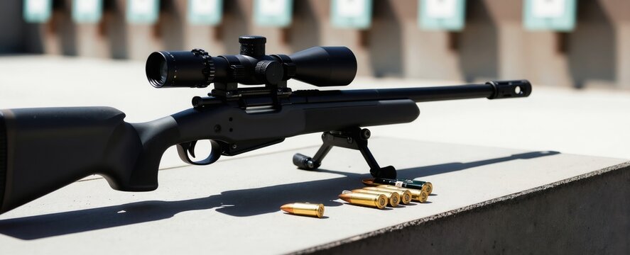Tactical rifle with scope rests on bipod at outdoor shooting range. Ammunition and targets in background. Bright sun casts sharp shadows. Prepared for precision shot.