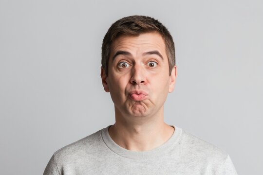 Man pouts with puffed cheeks and wide eyes in a funny face. He looks grumpy or silly making a funny expression for humor. Studio portrait, isolated on grey.