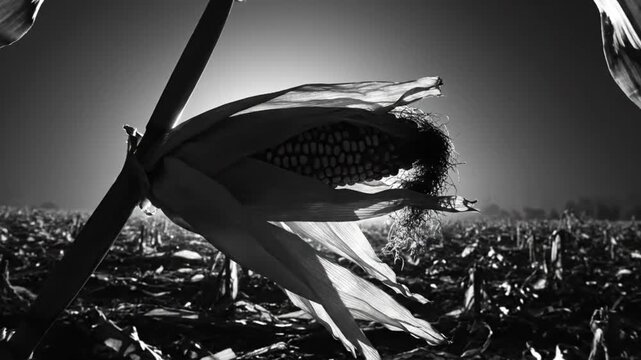 Black and white close up of a corn cob in a field with a musical interlude, focusing on agricultural life