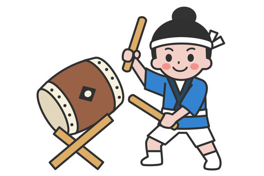 お祭りの法被を着た太鼓を演奏する女性